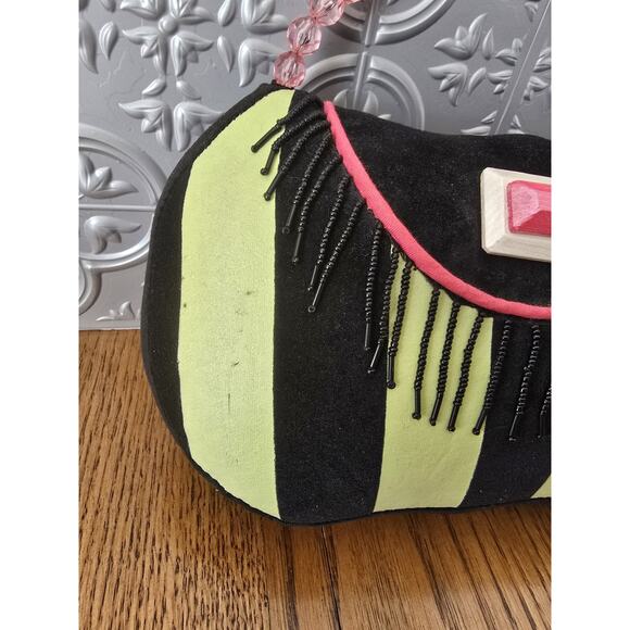 Purse Throw Pillow Black Lime Green Pink Beads And Handle - Picture 2 of 3